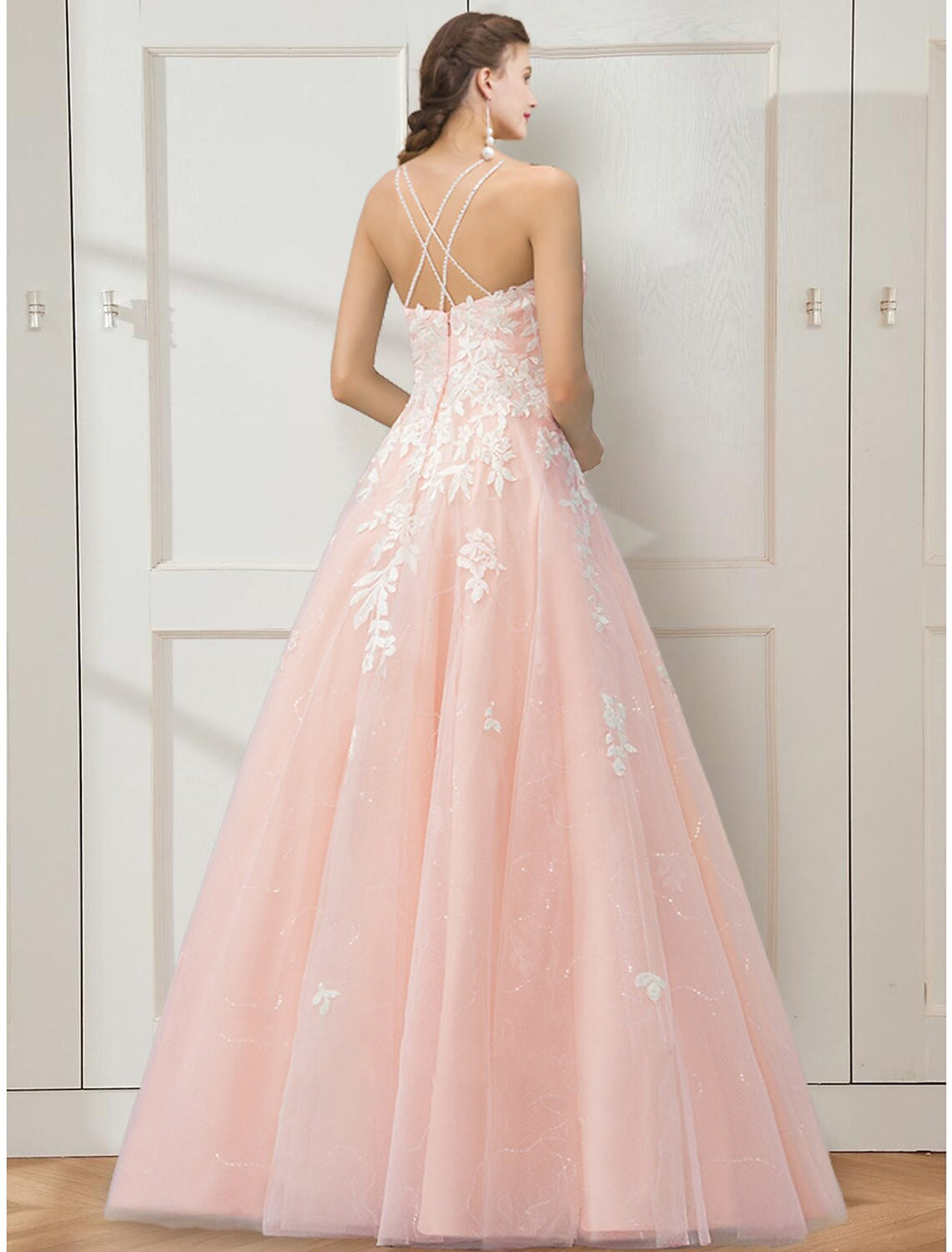 Blushing Pink Tulle A-Line Floor-Length Bridesmaid Dress with Lace Appliques