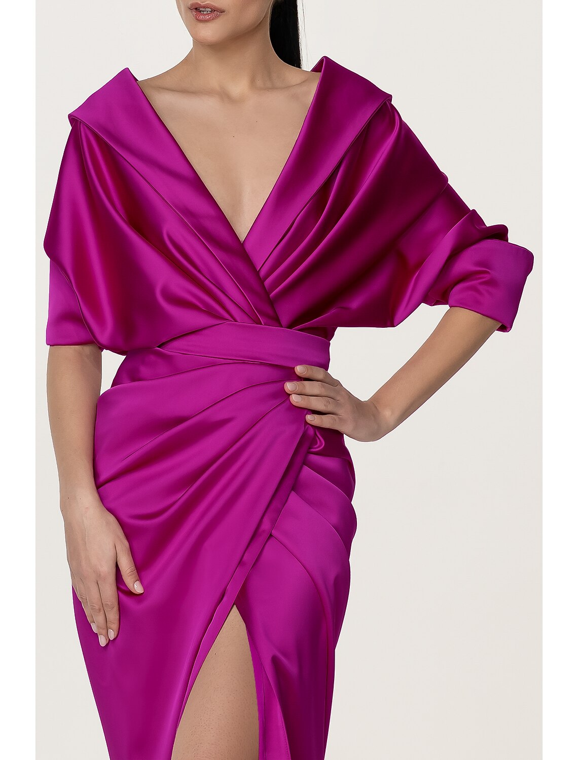 Vestido de noche de corte A, vestido negro, elegante, vestido formal de otoño, cola larga/cortada, media manga, escote en V, satén con abertura fruncida