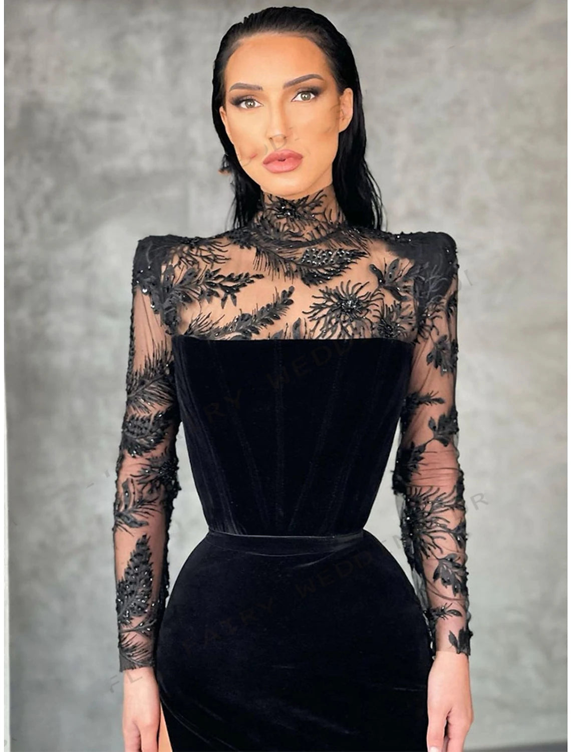 Black Velvet Sheath/column Floor-Length Dress with High Neck and Lace Applique Sleeves