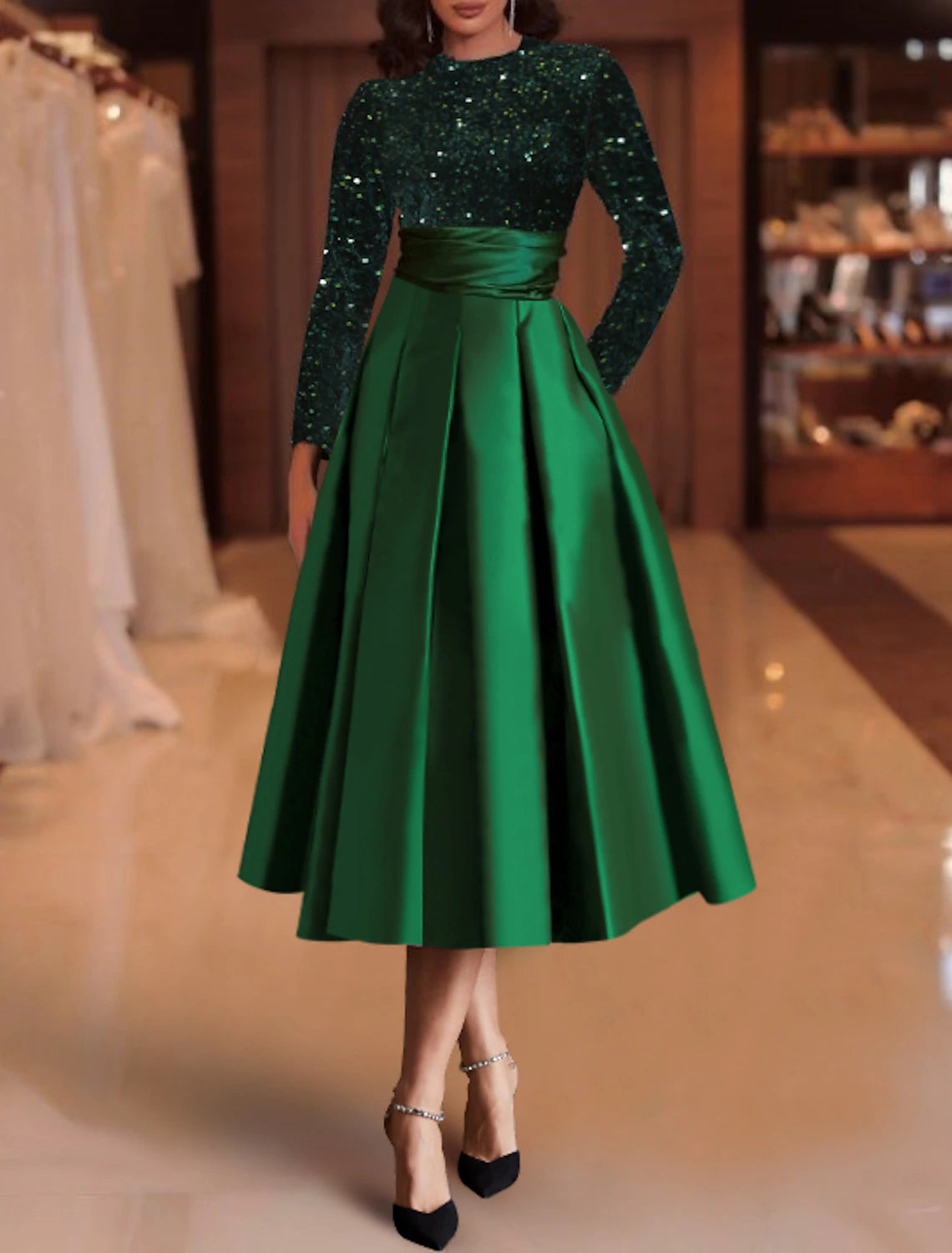 A-Line Cocktail Dresses Elegant Dress Christmas Red Green Dress Wedding Guest Tea Length Long Sleeve Jewel Neck Satin with Pleats Sequin 2025