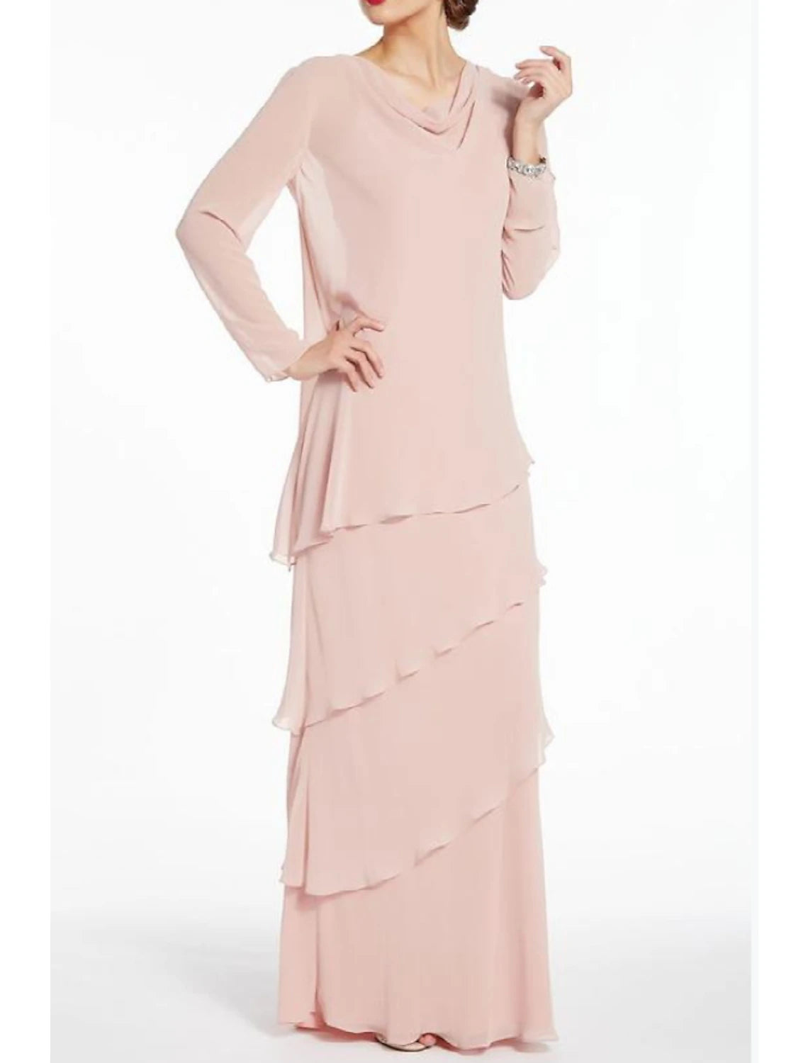 Blushing Pink Chiffon Cowl Neck A-Line Floor-Length Evening Gown