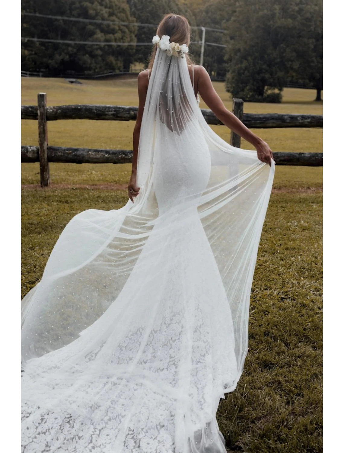Jimiss - Vestido de novia de una sola capa estilo retro/perla con velo catedral y perla falsa Vestido transparente de 110,24 pulgadas (280 cm) que dejará una profunda impresión en 2025