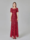 Burgundy Sequin Sheath/column Floor-Length Evening Dress with Boat Neck & Short Sleeves