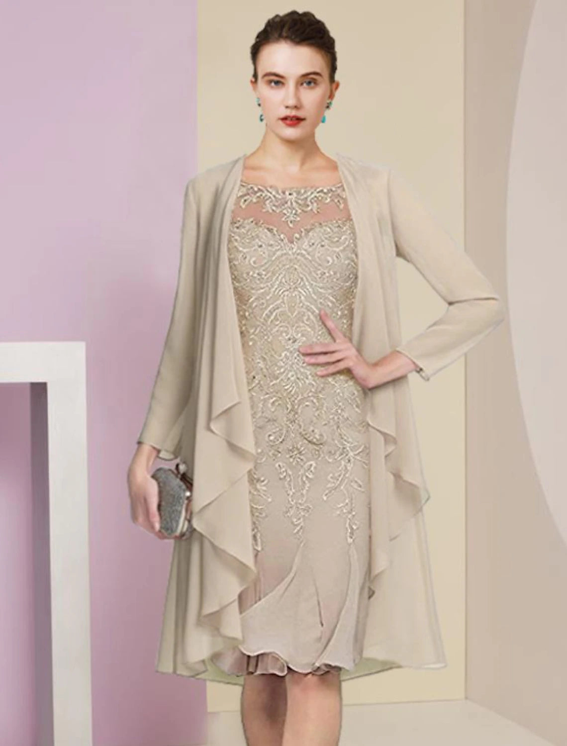 Champagne Chiffon Sheath/Column Knee-Length Dress with Illusion Neck & Draped Jacket