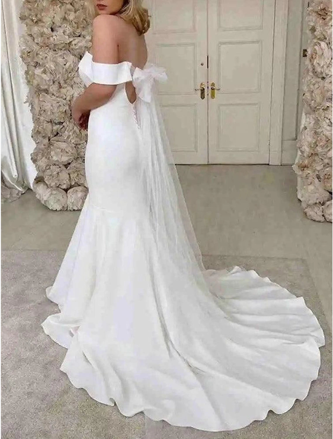 Reception Sexy Wedding Dresses Mermaid / Trumpet Off Shoulder Cap Sleeve Sweep / Brush Train  Fabric Bridal Gowns With Solid Color