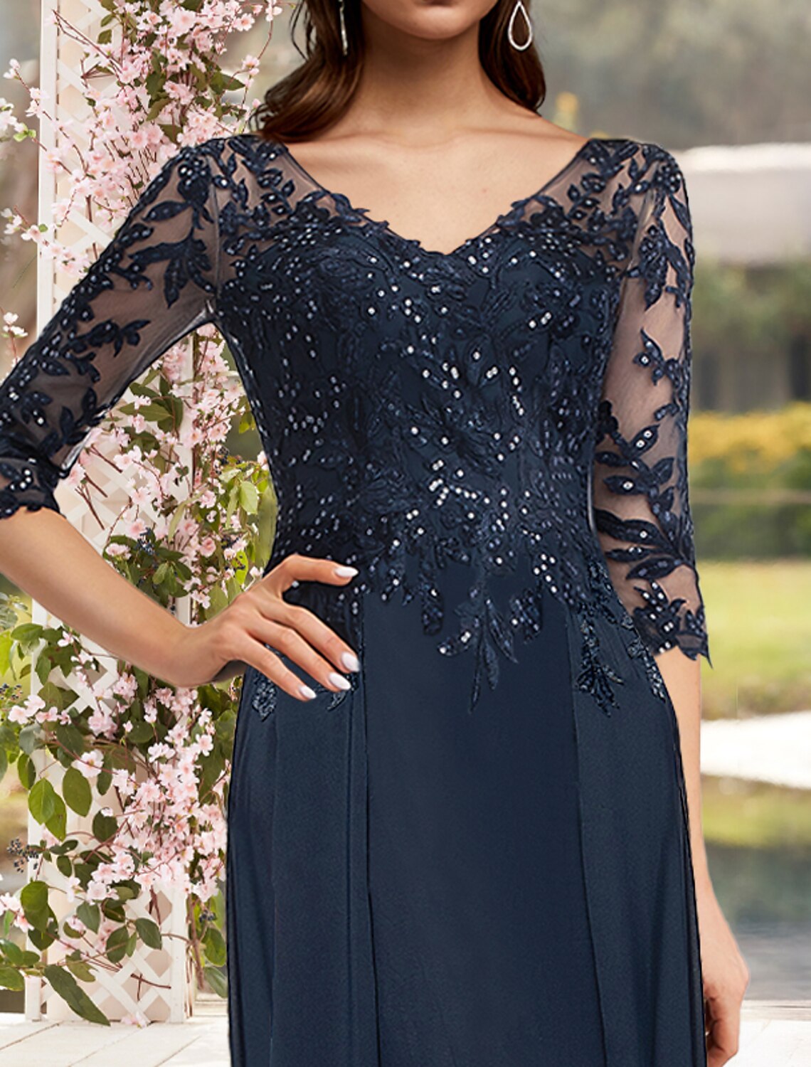 Vestido elegante para madre de la novia, con corte en V, brillo y columna, largo hasta el suelo, de gasa, encaje, mangas 3/4 con apliques de lentejuelas