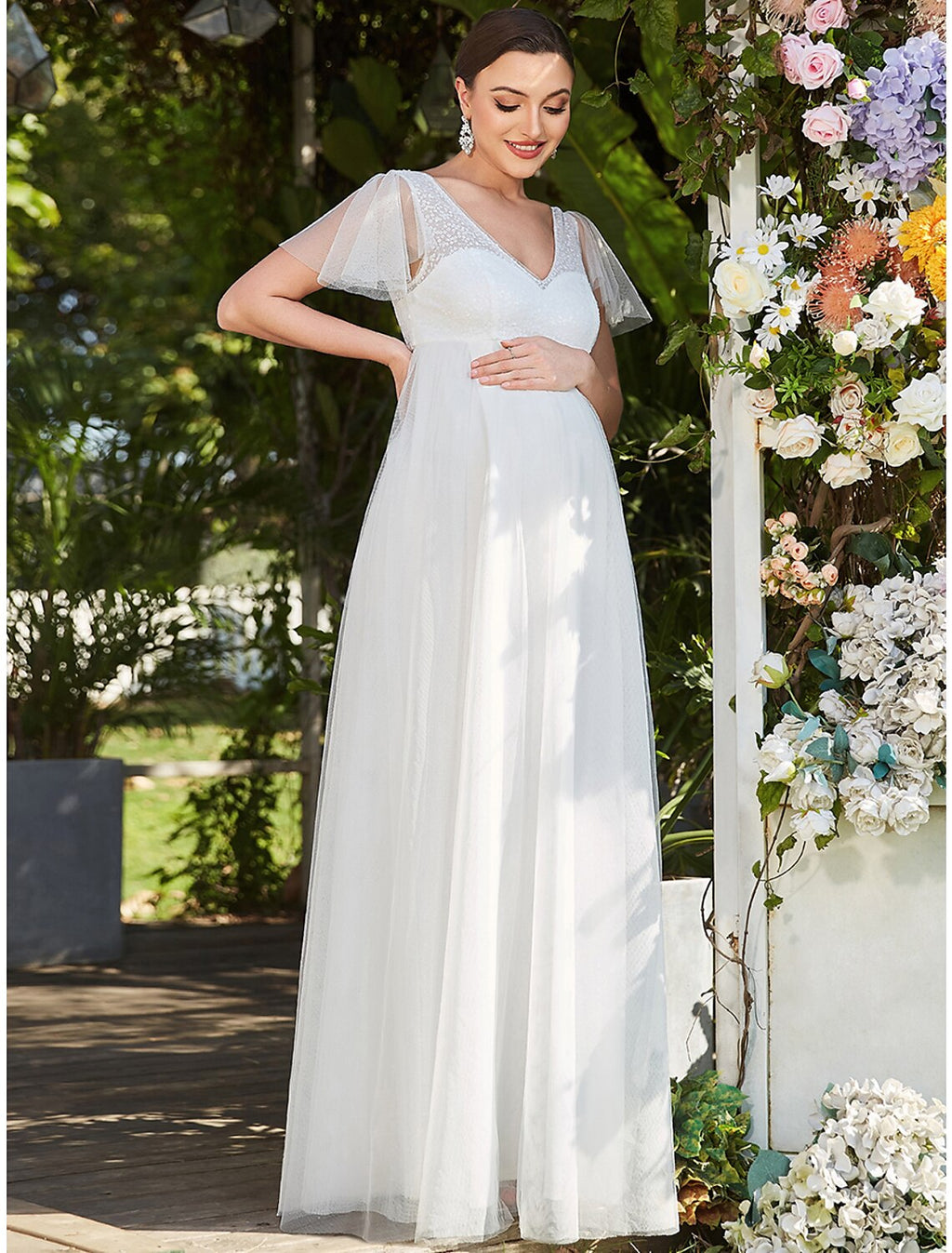 White Chiffon Empire V-Neck Floor-Length Dress with Lace Bodice and Flutter Sleeves