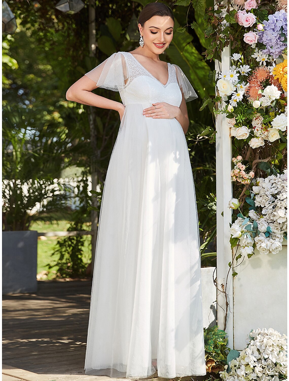 White Chiffon Empire V-Neck Floor-Length Dress with Lace Bodice and Flutter Sleeves
