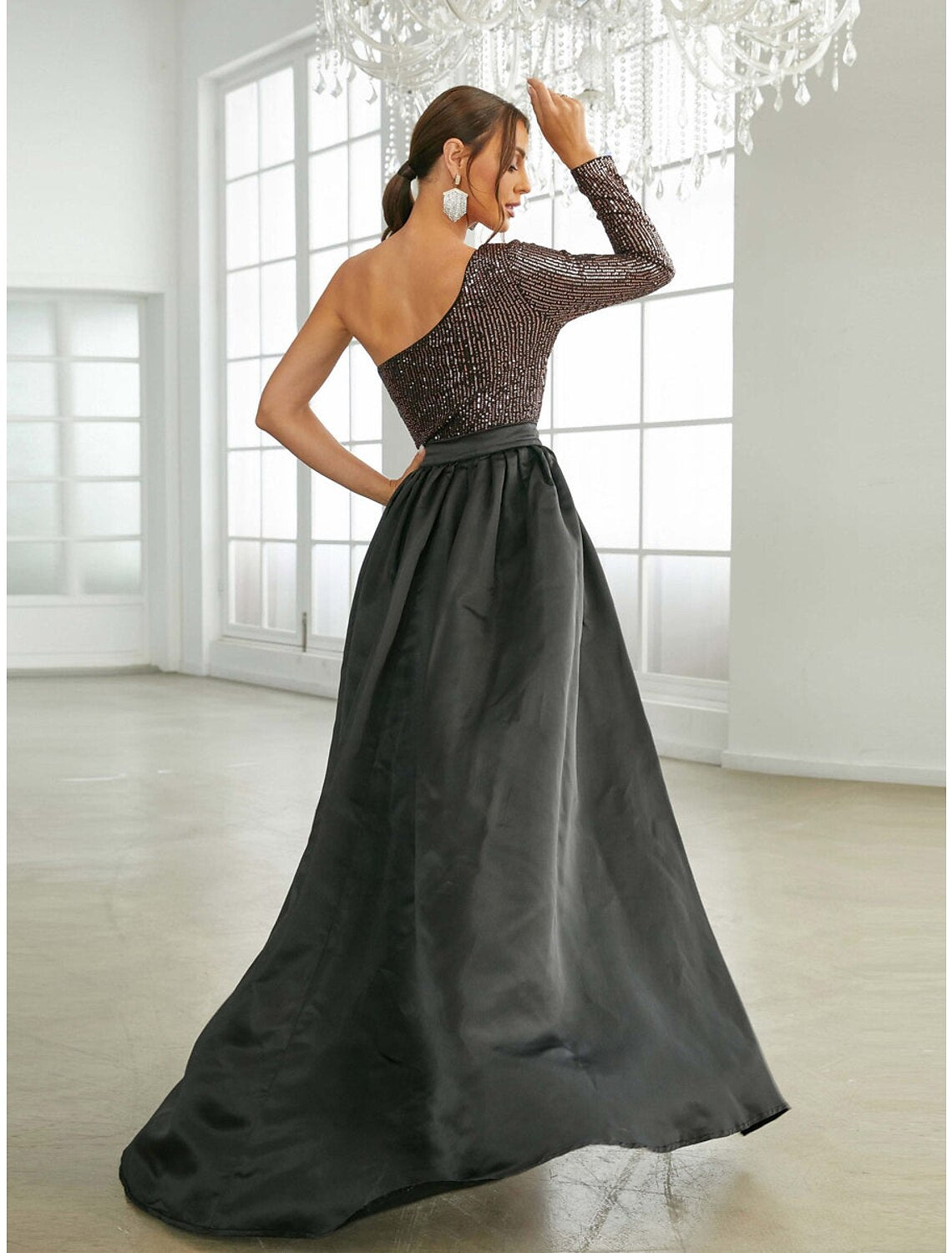 Black Sequin One Shoulder Floor-Length Sheath Gown
