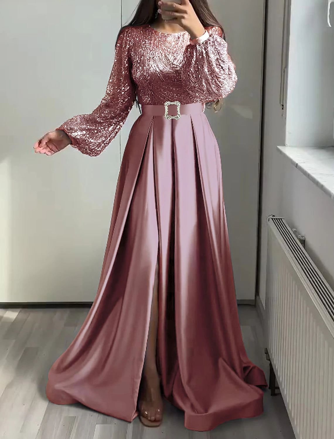 A-Line Evening Gown Glittering Dress Wedding Black Tie Floor Length Long Sleeve Jewel Neck Fall Wedding Guest Satin with Sequin 2025