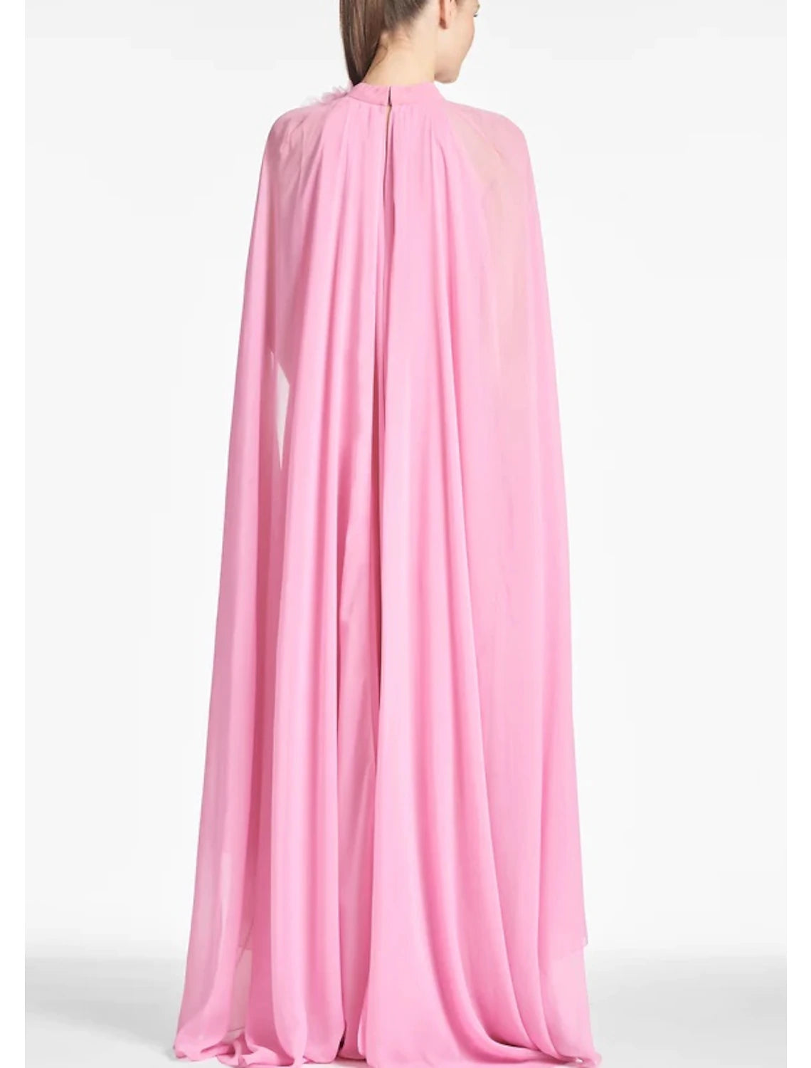 Pink Chiffon A-Line Floor-Length Dress with Halter Neckline, 3D Floral Embellishment & Cape Overlay