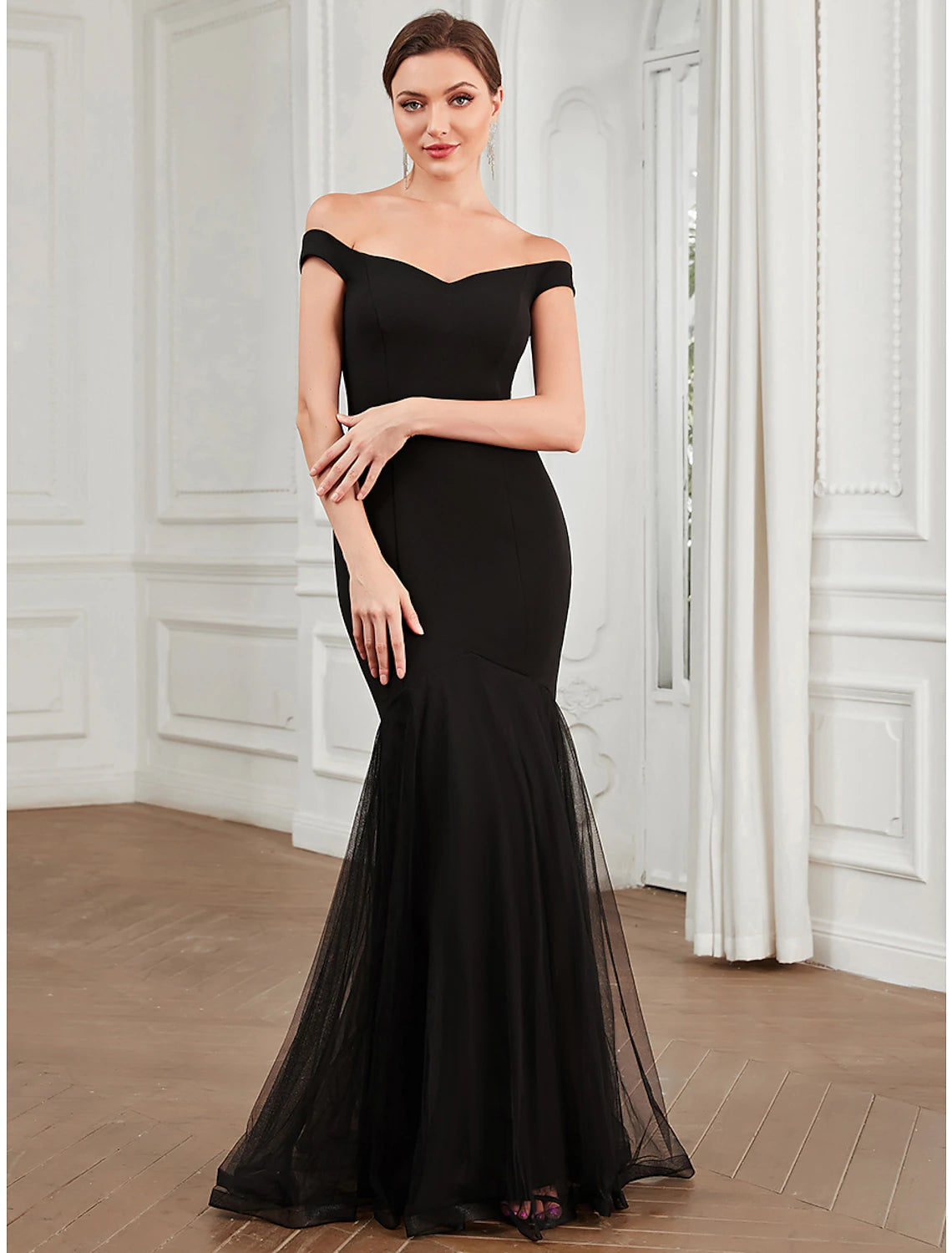 Vestido de noche elegante de sirena/trompeta, para fiesta, para invitados de boda, largo hasta el suelo, sin mangas, hombros descubiertos, poliéster con pliegues