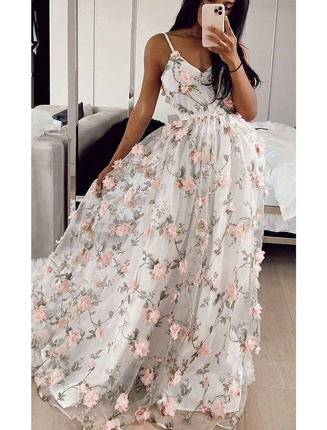 Elegant Ivory Tulle A-Line V-Neck Bridesmaid Dress with 3D Floral Appliques