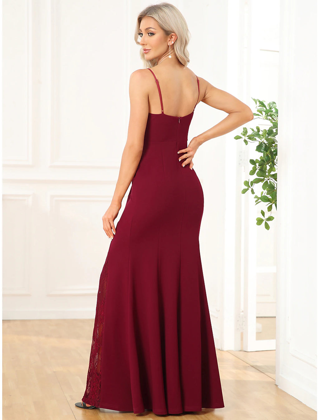 Vestido de noche de sirena/trompeta con cortes, para bodas, fiesta, largo hasta el suelo, sin mangas, cuello en V, poliéster con abertura bordada