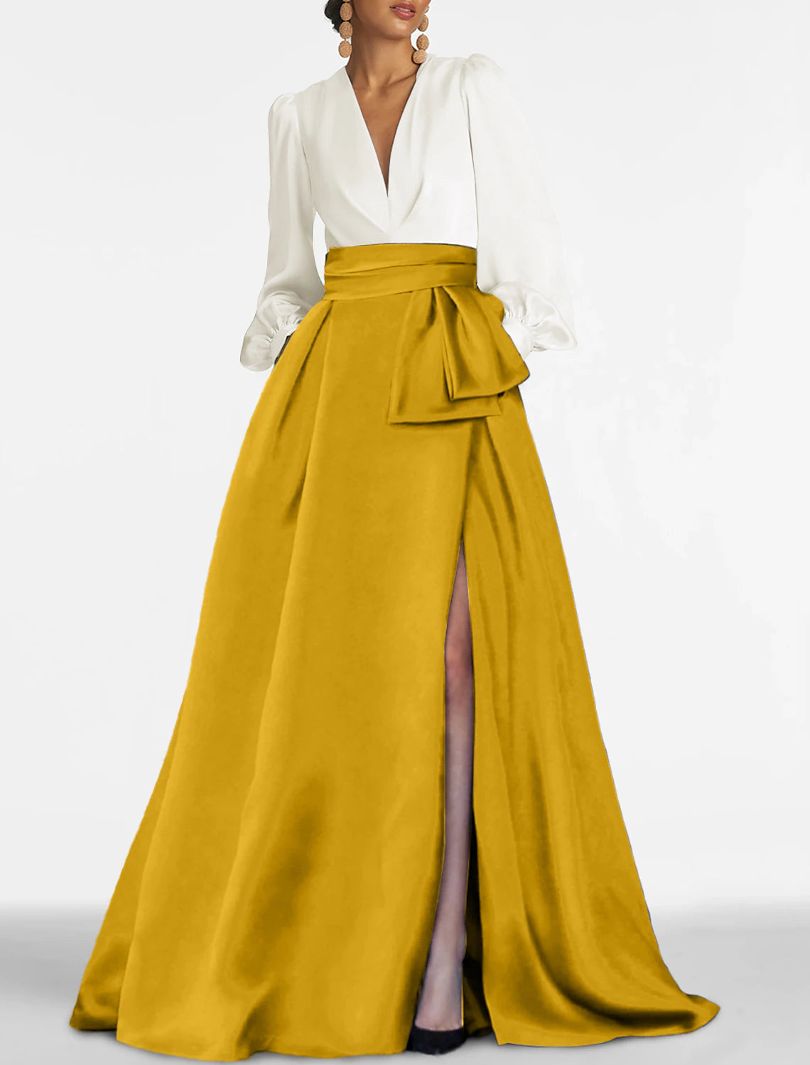 Abito da sera a trapezio, elegante, formale, con strascico a spazzola, rosso verde, manica lunga, scollo a V, raso con pieghe e spacco