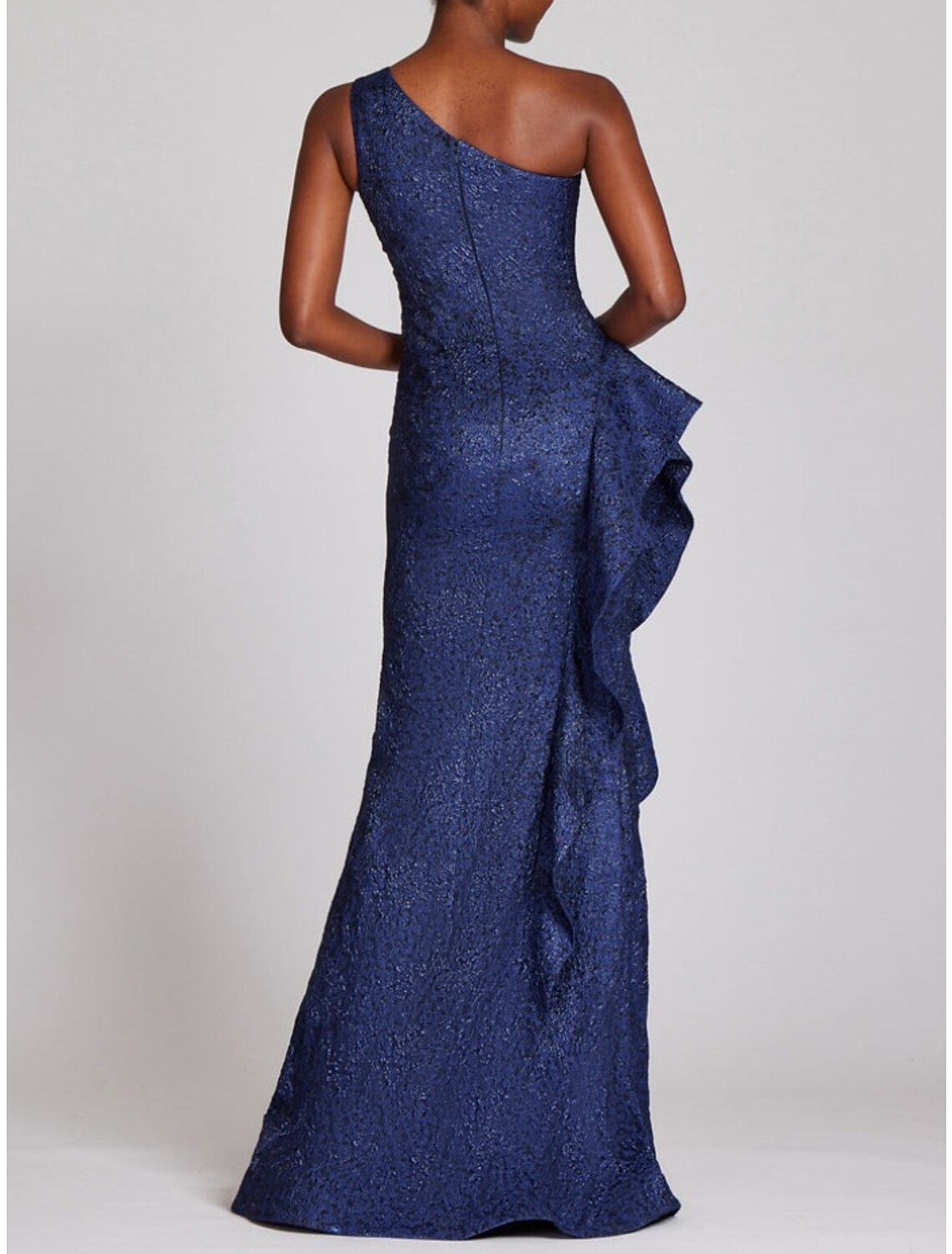 Abito da sera a trapezio, elegante, formale, lungo fino al pavimento, senza maniche, monospalla, con paillettes e volant glitterati, spacco