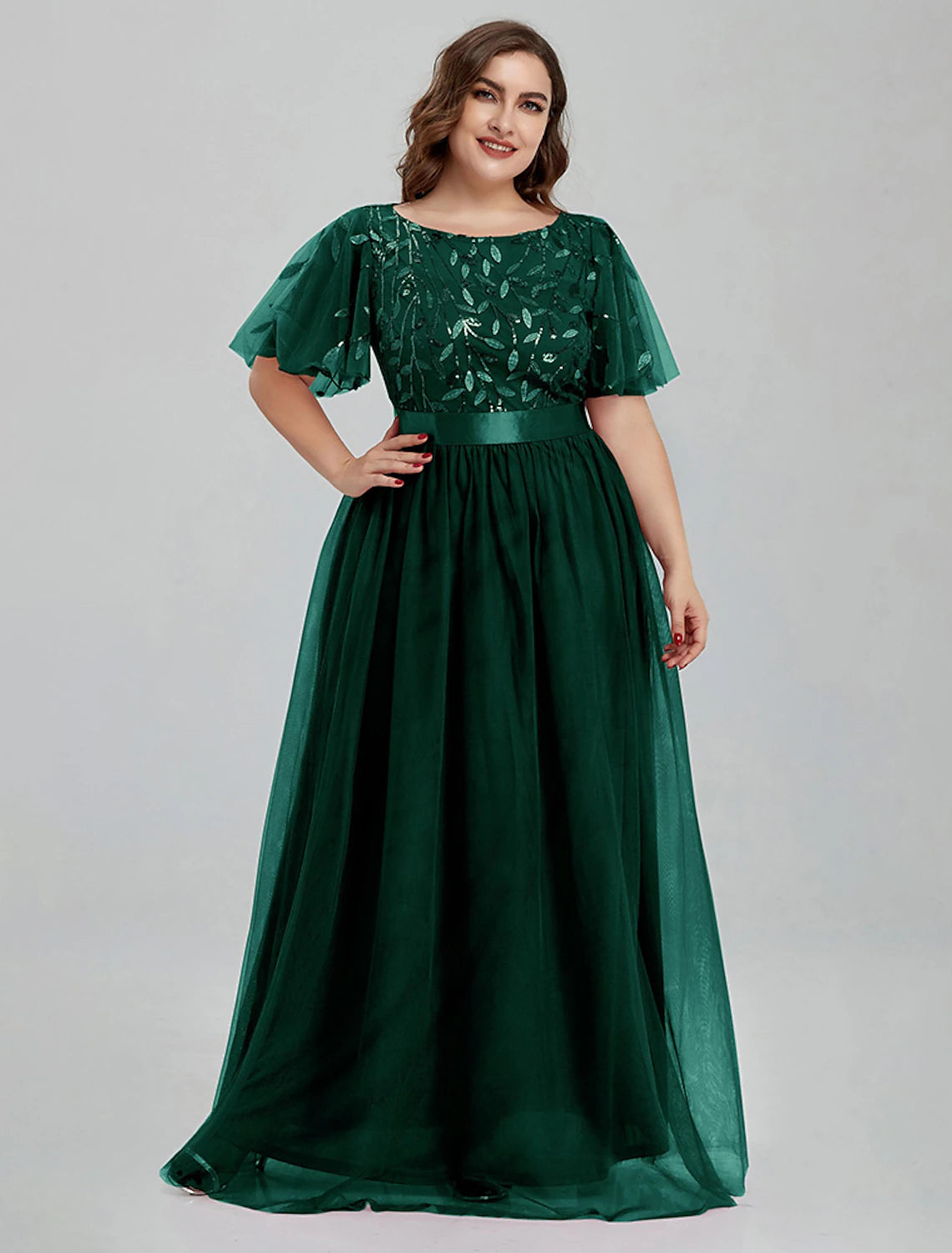 Abiti da ballo a trapezio, abiti floreali, abiti da ospite per matrimoni, abiti da damigella d'onore, lunghi fino al pavimento, maniche corte, scollo gioiello, tulle con ricami