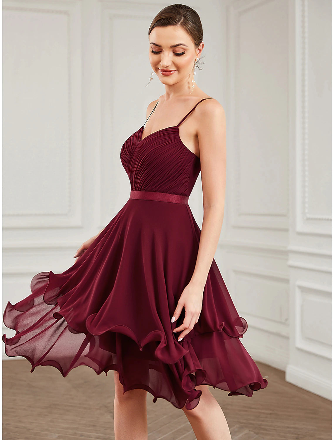 Burgundy Chiffon Sweetheart A-Line Short Dress with Ruffled Skirt