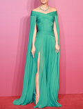 Teal Chiffon A-Line Off-the-Shoulder Floor-Length Gown - Draped Bodice & High Slit