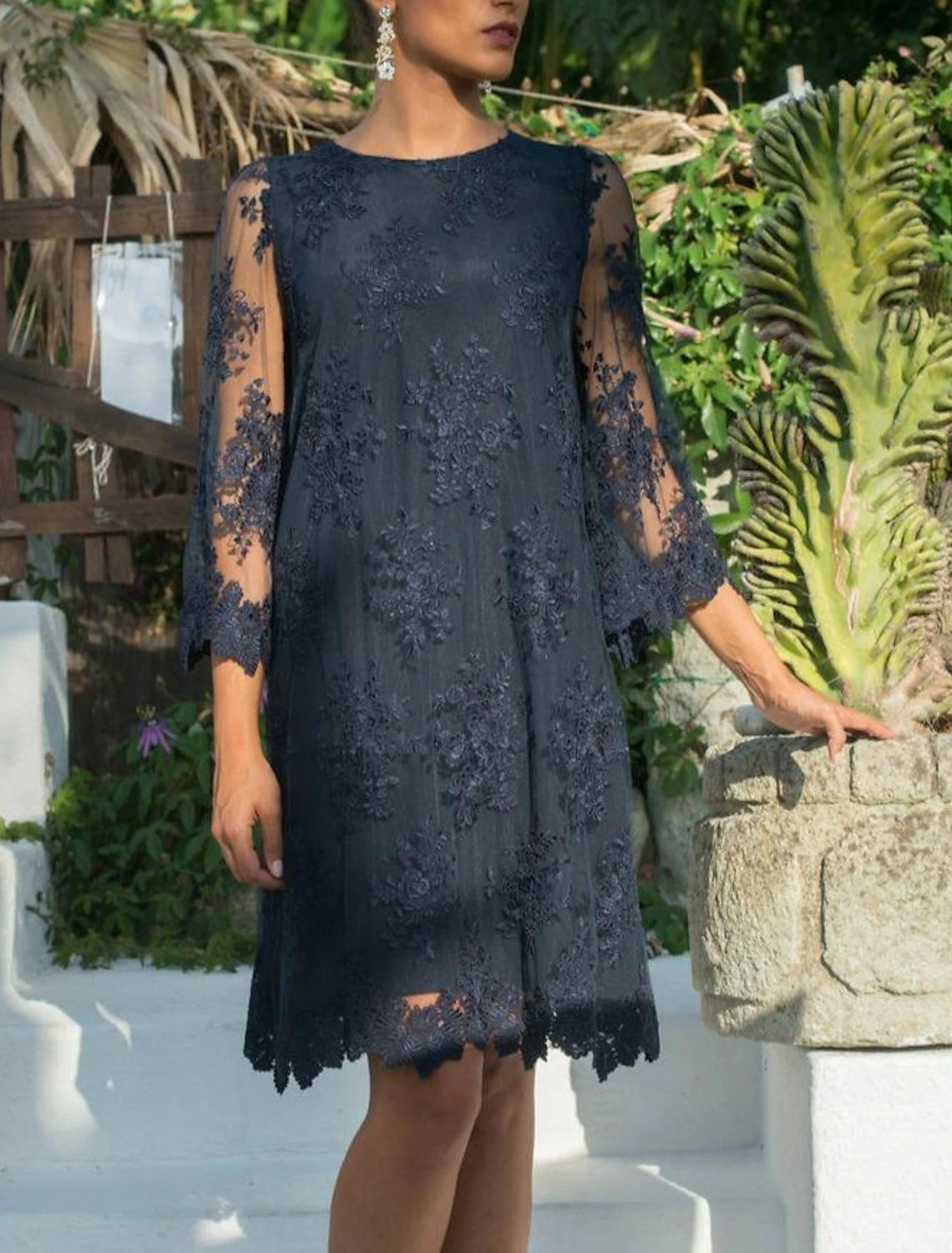 Dark Navy Lace Short A-Line Scoop Neck Dress for Wedding Guest & Cocktail Party