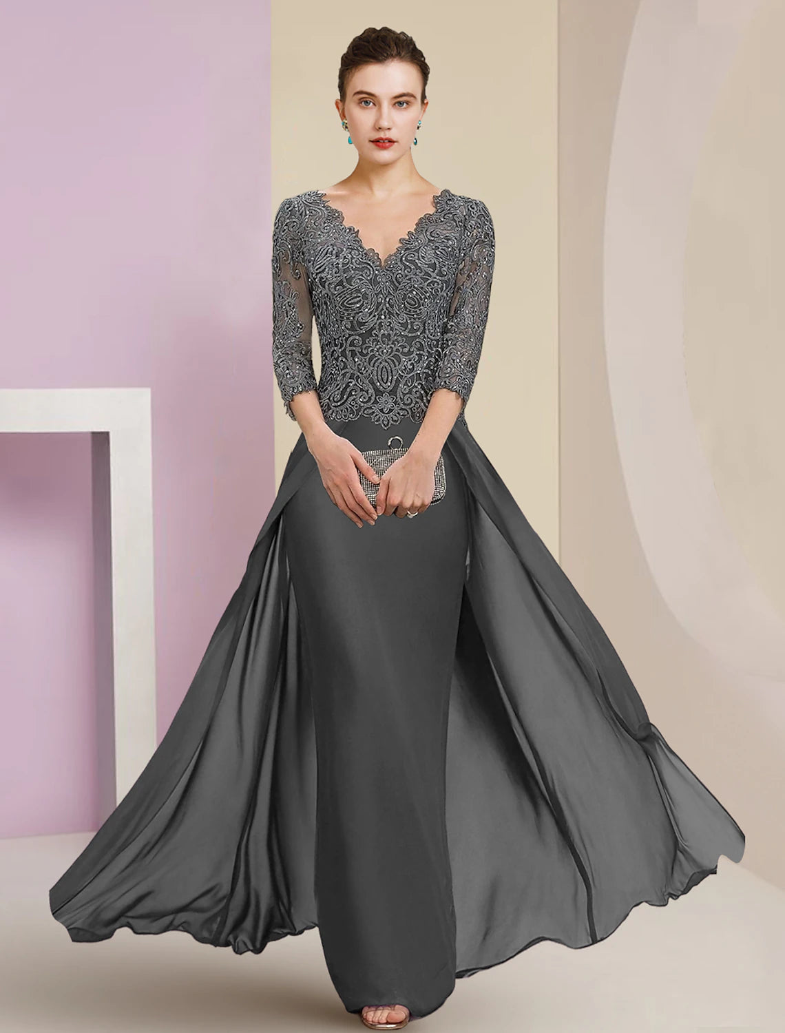 Vestido de madre de la novia con corte tubo/columna, elegante, para invitada de boda, escote en V, largo hasta el suelo, de gasa, con encaje, mangas 3/4 y apliques