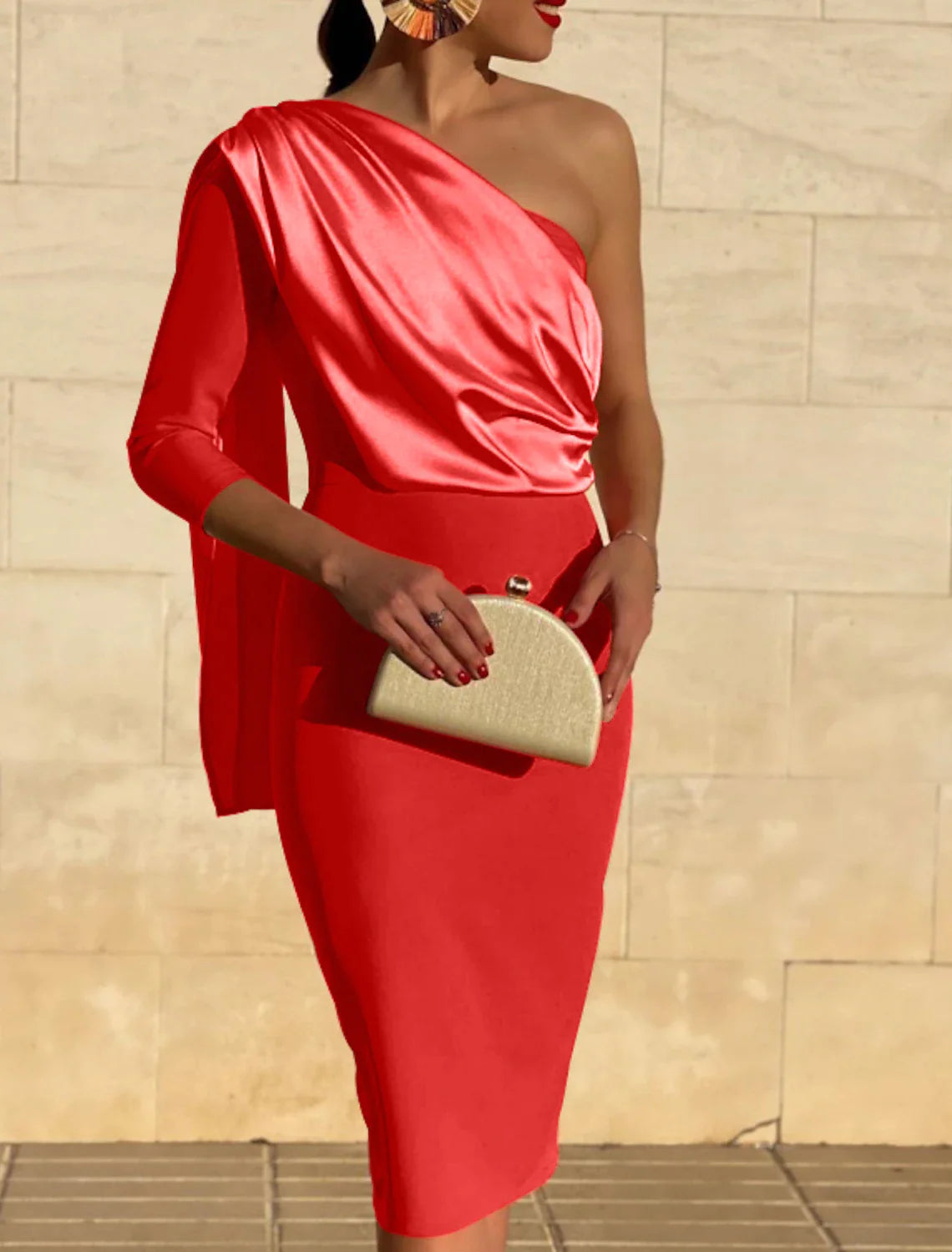 Sheath / Column Cocktail Dresses Vintage Dress Fall Wedding Guest Dress Knee Length 3/4 Length Sleeve One Shoulder  Fabric with Draping