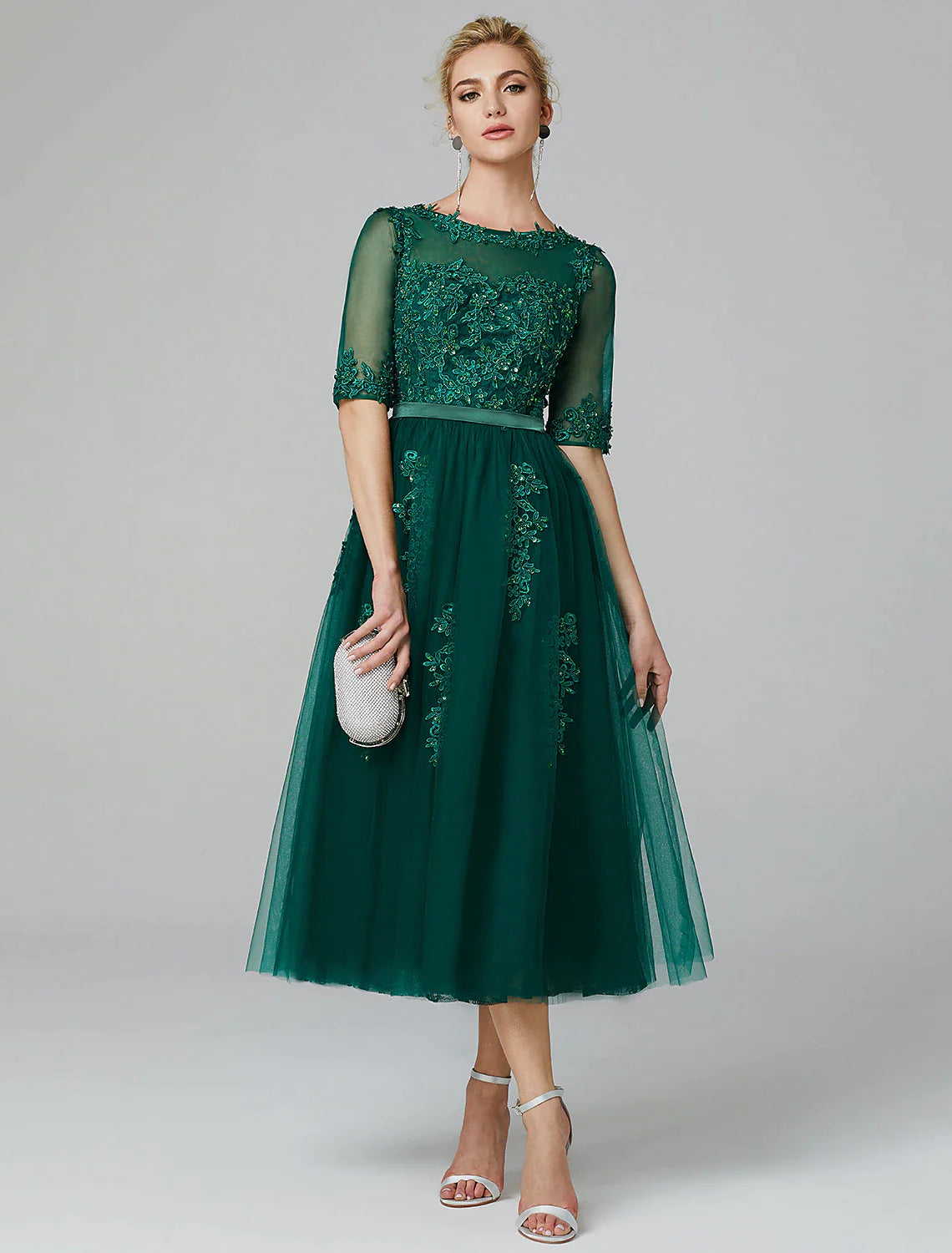 Emerald Tulle A-Line Tea-Length Dress with Embroidered Illusion Bodice