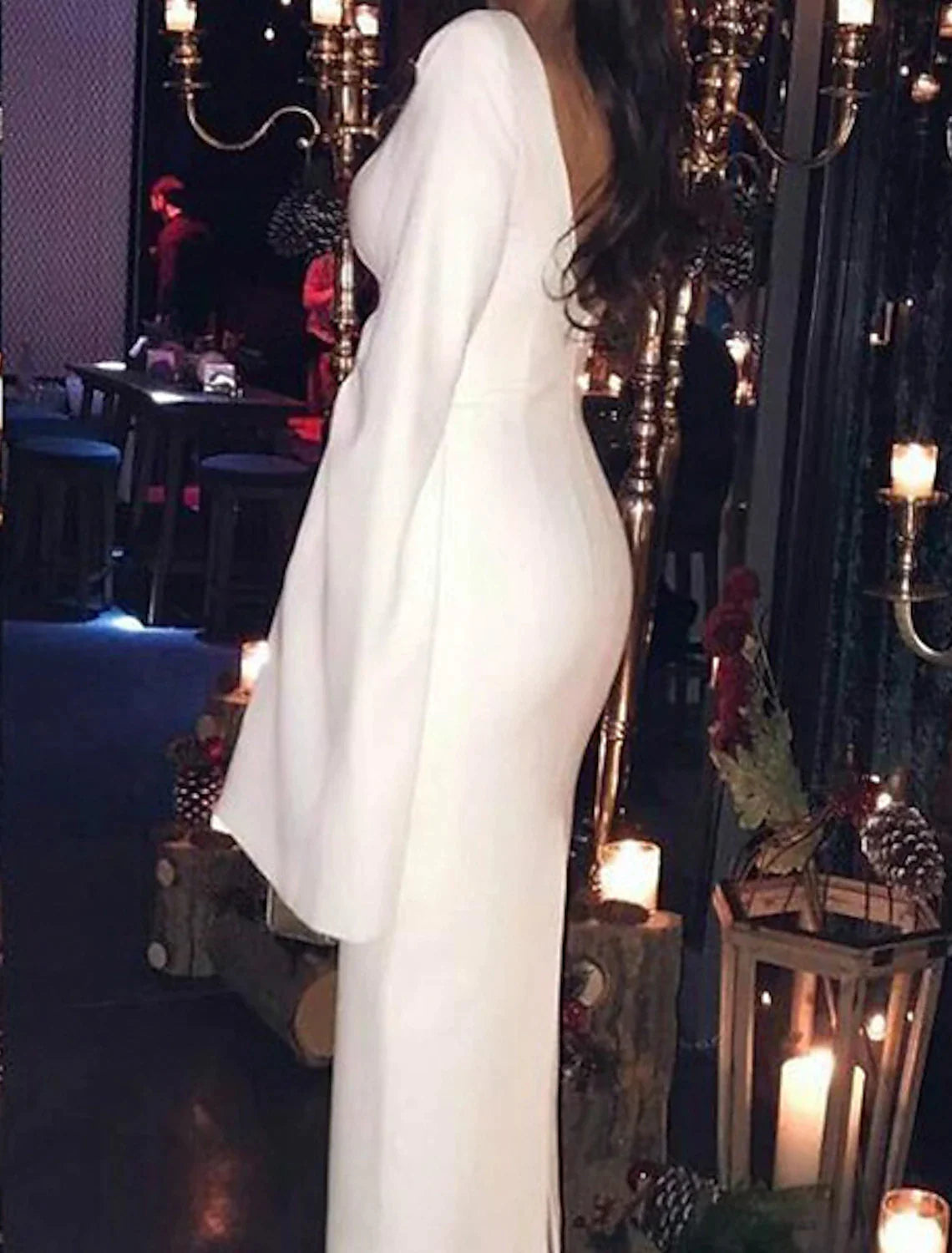 Vestido de cóctel con corte tubo/columna, para fiesta, para invitados de boda, para vacaciones, largo hasta la rodilla, manga larga, cuello joya, para invitados de boda de otoño, jersey sin espalda con elegante color puro.