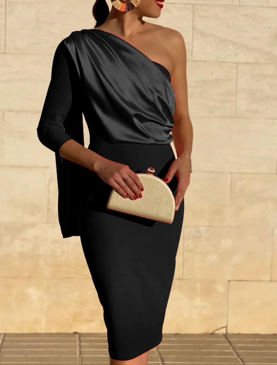 Sheath / Column Cocktail Dresses Vintage Dress Fall Wedding Guest Dress Knee Length 3/4 Length Sleeve One Shoulder  Fabric with Draping