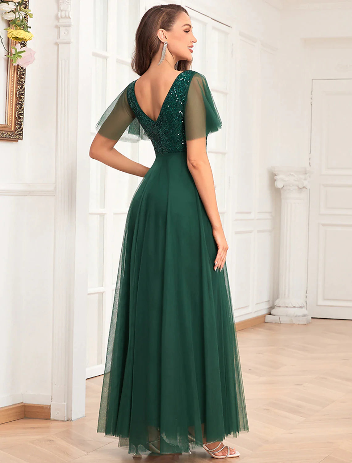 Abiti da festa a trapezio, abiti stile impero, abiti da sera, abiti da festa, lunghezza al pavimento, maniche corte, scollo a V, chiffon, schiena a V con paillettes glitterate