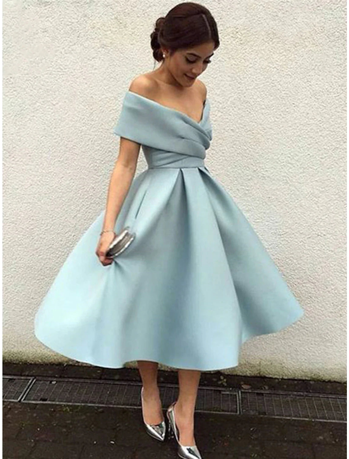 light blue tea length dress Sky Satin A-Line Off-the-Shoulder Tea-Length Bridesmaid & Wedding Guest Regular sizes 0 to price:100to200 Color:Heather Blue Black and Friday Clothing