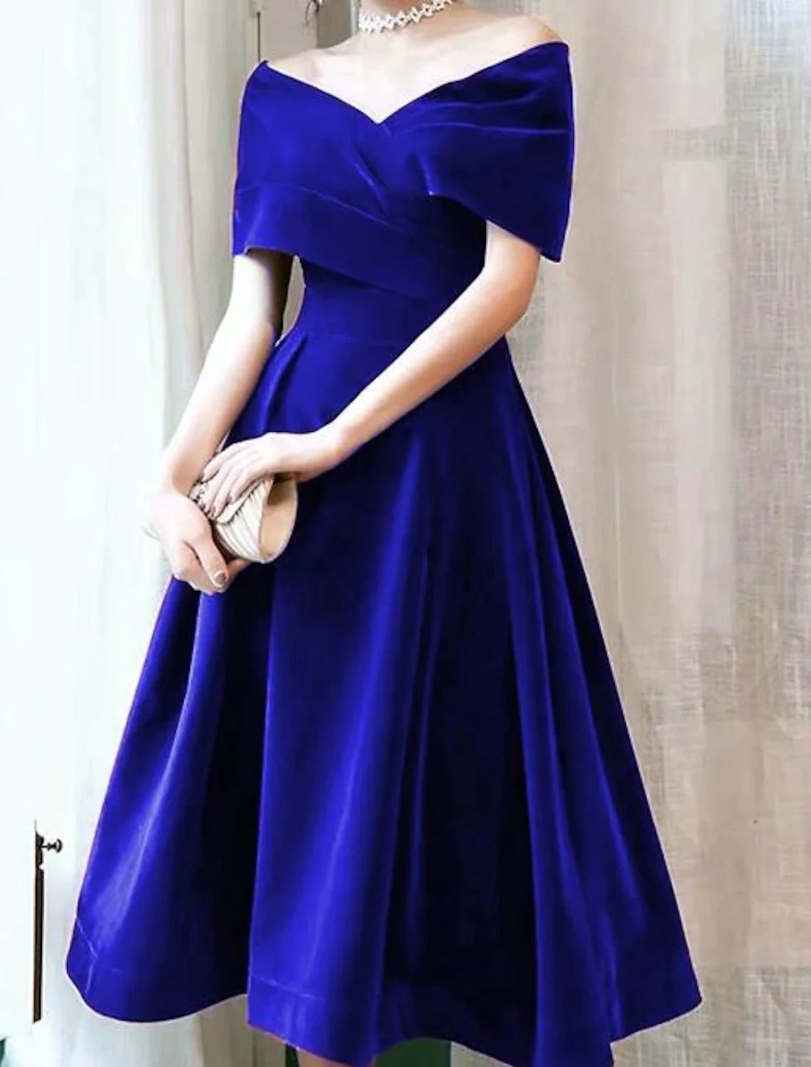 Burgundy Velvet Off-the-Shoulder A-Line Tea-Length Evening Dress