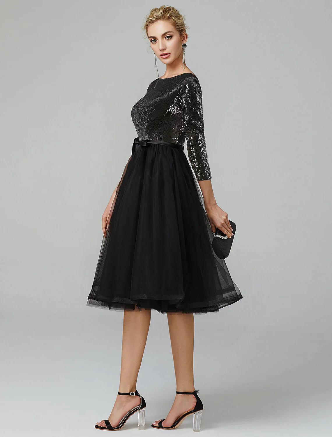 Black Sequin A-Line Tea-Length Evening Dress - Boat Neck, Tulle Skirt