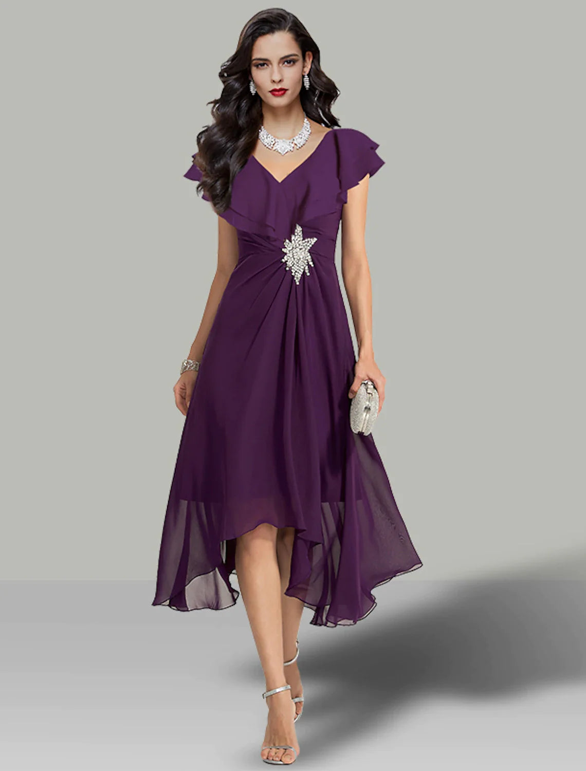 Purple Chiffon A-Line Asymmetrical V-Neck Evening Dress with Draped Bodice