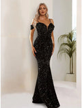 Black Sequin Mermaid Floor-Length Evening Dress with Plunging V-Neck