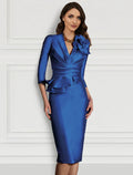 Royal Blue Satin Midi Sheath Dress with V-Neck & Peplum Waist