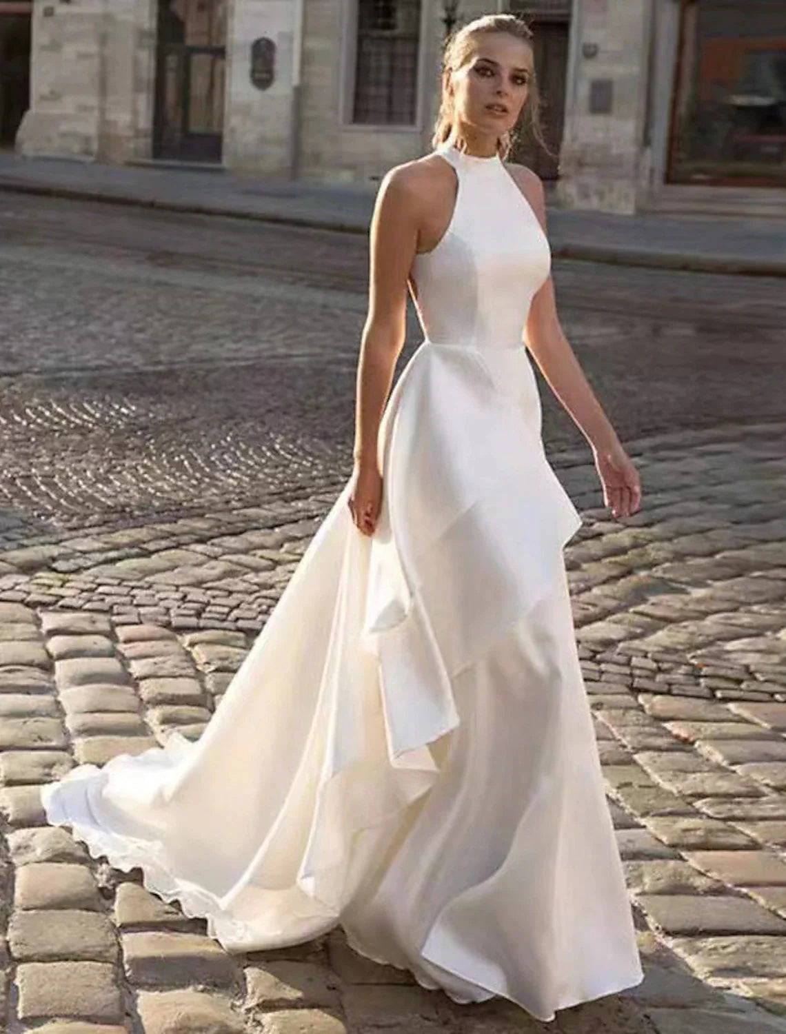 Reception Open Back Casual Wedding Dresses A-Line Halter Sleeveless Court Train Satin Bridal Gowns With Solid Color Summer Fall Wedding Party 2025, Women's Clothing