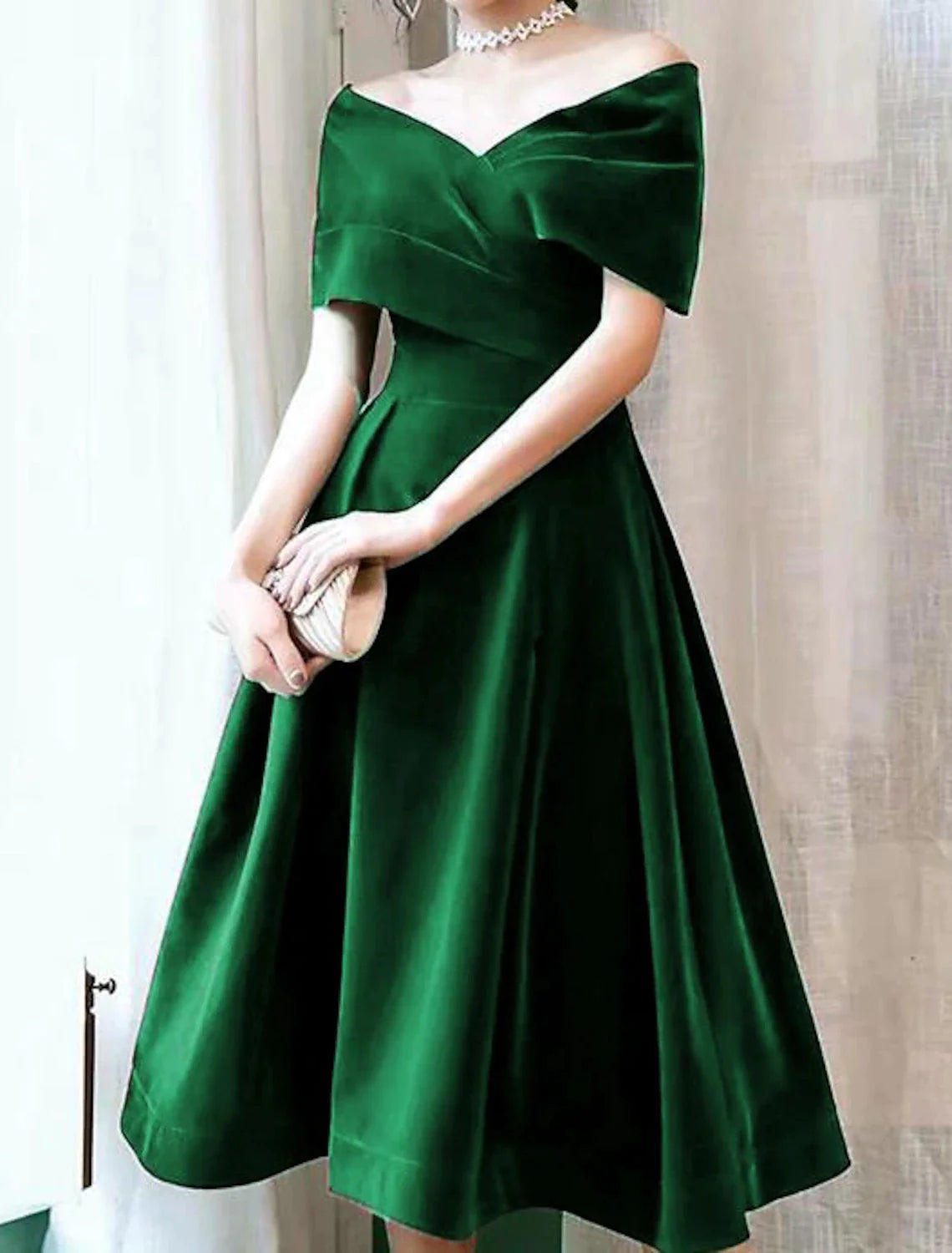 Burgundy Velvet Off-the-Shoulder A-Line Tea-Length Evening Dress