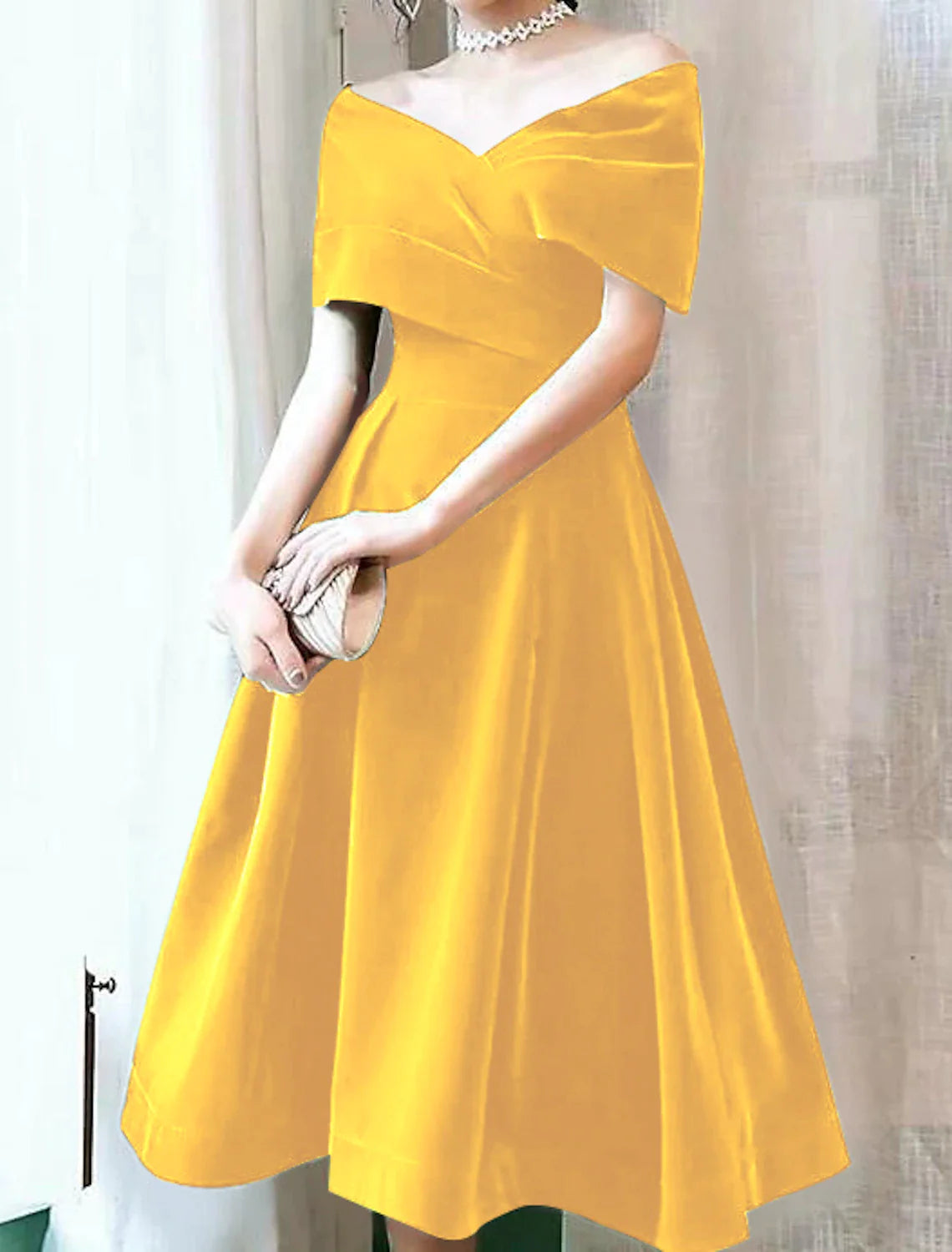 Burgundy Velvet Off-the-Shoulder A-Line Tea-Length Evening Dress