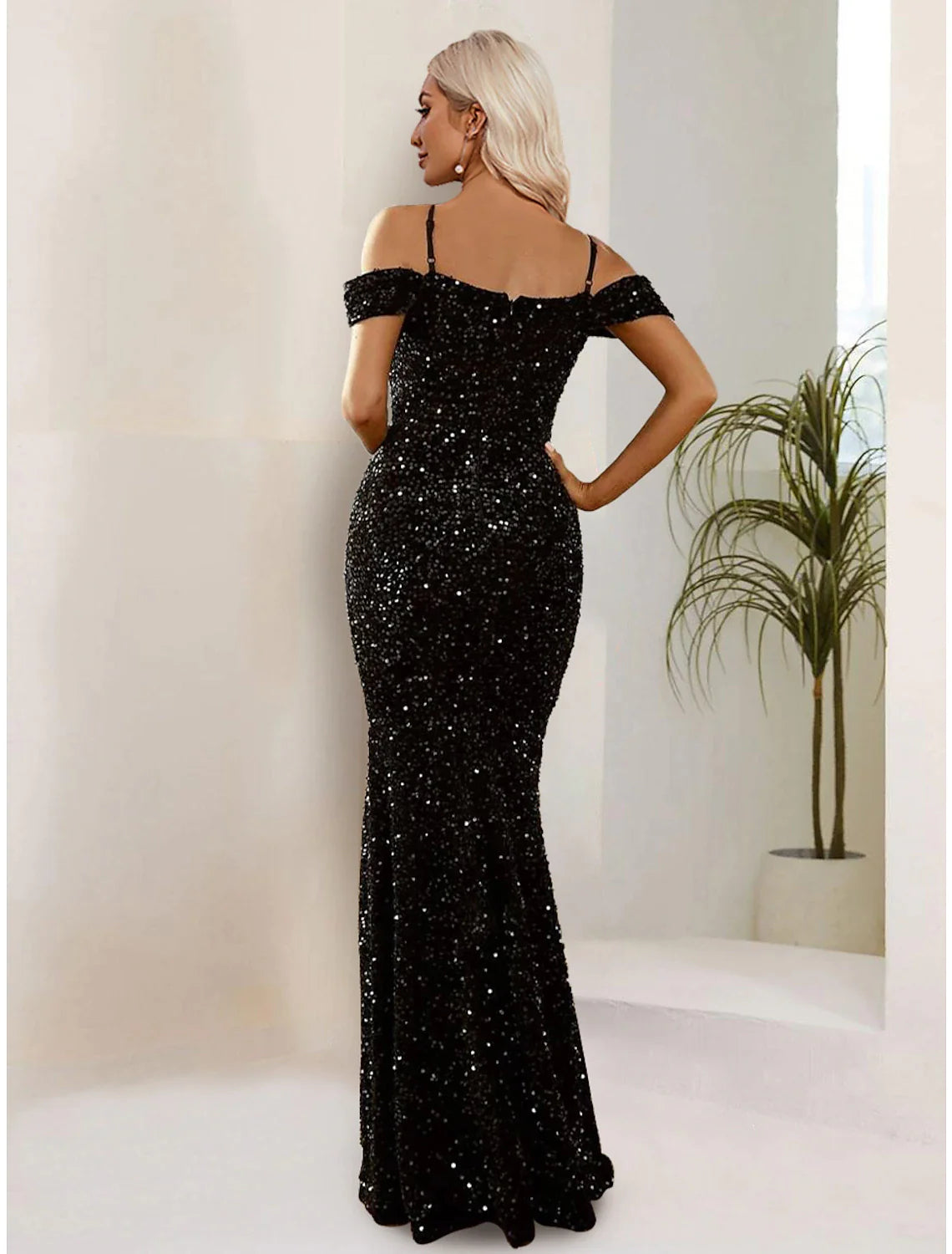 Black Sequin Mermaid Floor-Length Evening Dress with Plunging V-Neck
