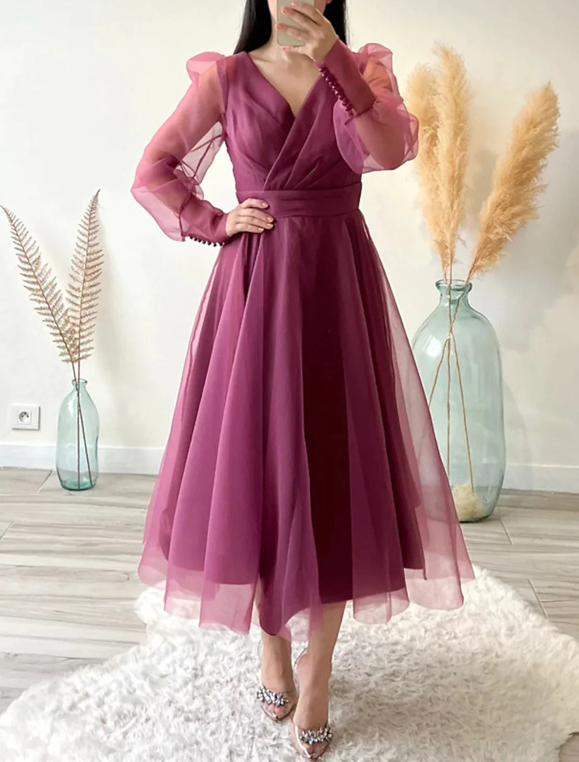 Emerald Chiffon V-Neck A-Line Tea-Length Bridesmaid Dress with Sheer Puff Sleeves