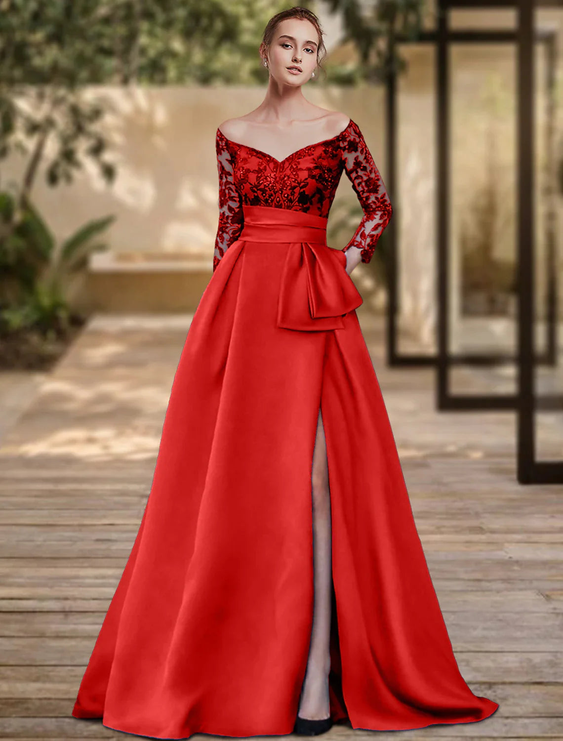 Vestido de noche con corte en forma de columna, corte alto, para invitados de boda, formal, con cola larga, mangas 3/4, hombros descubiertos, charmeuse con lazo(s), abertura con lentejuelas