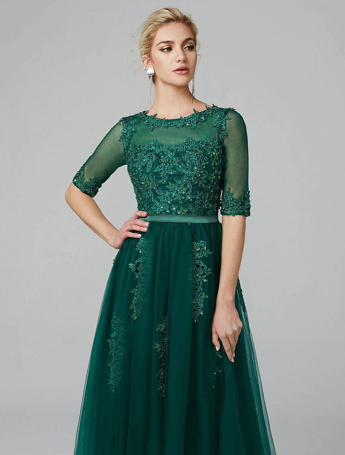 Emerald Tulle A-Line Tea-Length Dress with Embroidered Illusion Bodice