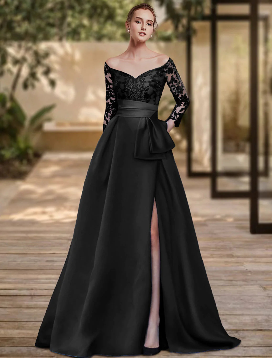Vestido de noche con corte en forma de columna, corte alto, para invitados de boda, formal, con cola larga, mangas 3/4, hombros descubiertos, charmeuse con lazo(s), abertura con lentejuelas