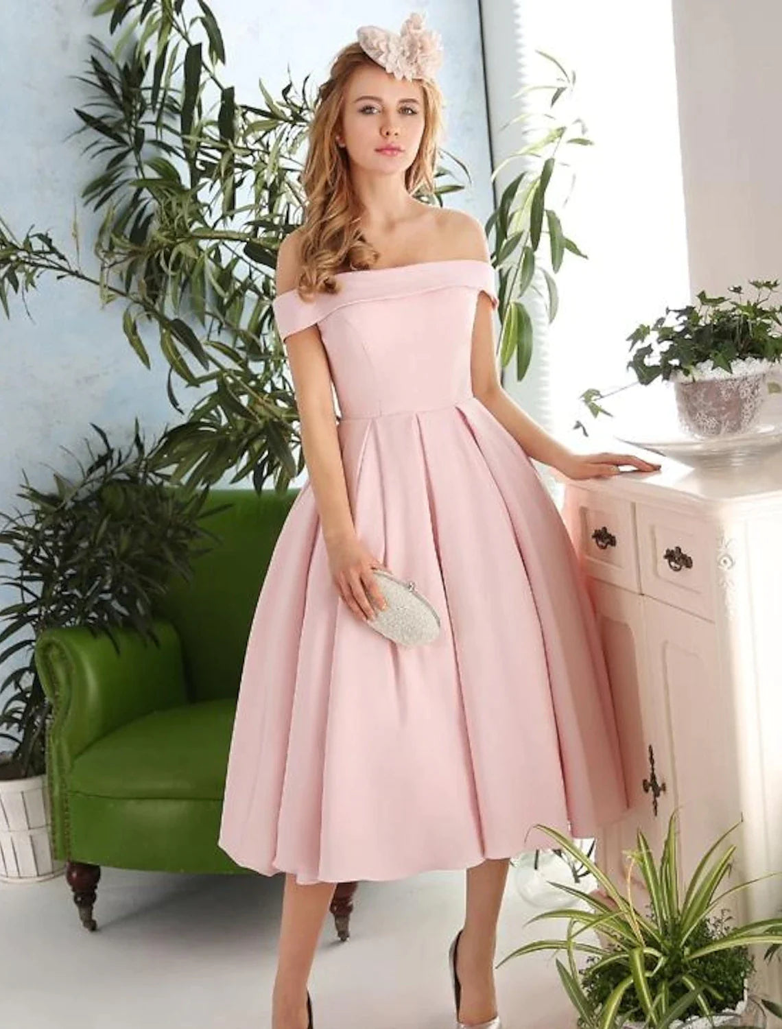 Blushing Pink Satin Off-the-Shoulder A-Line Tea-Length Bridesmaid Dress
