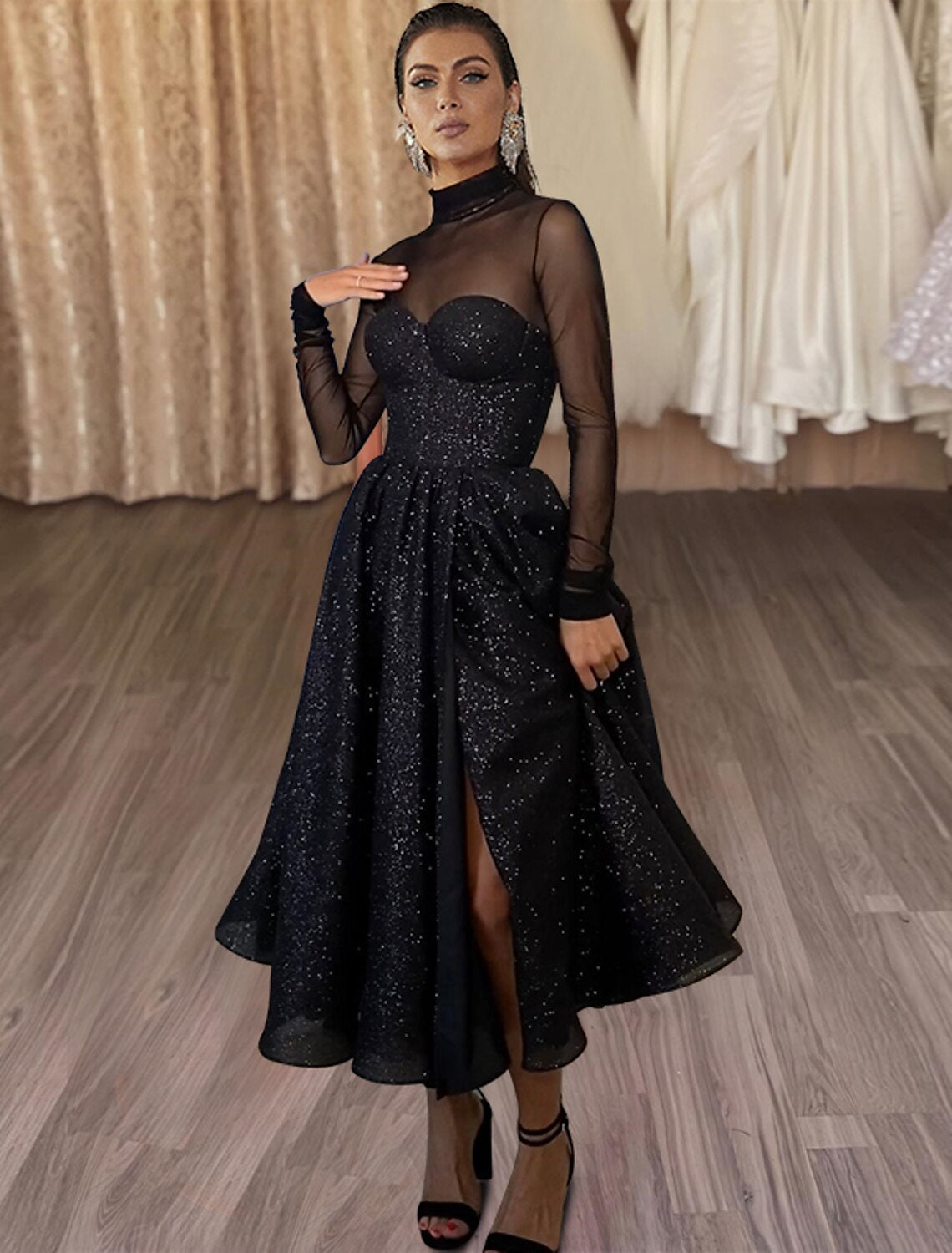Black Glitter A-Line Midi Dress with High Neck & Slit