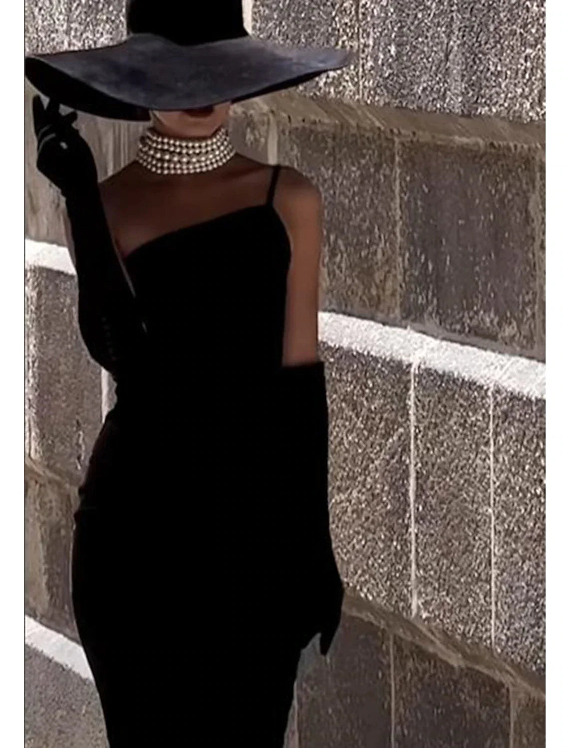 Black Crepe Sheath/column Midi Dress with One Shoulder