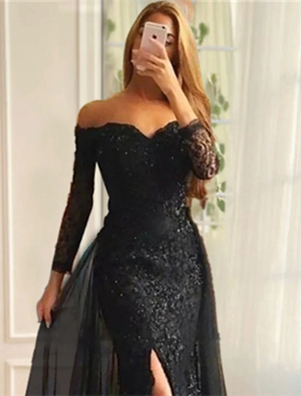 Black Lace Mermaid Sweetheart Floor-Length Evening Dress with High Slit