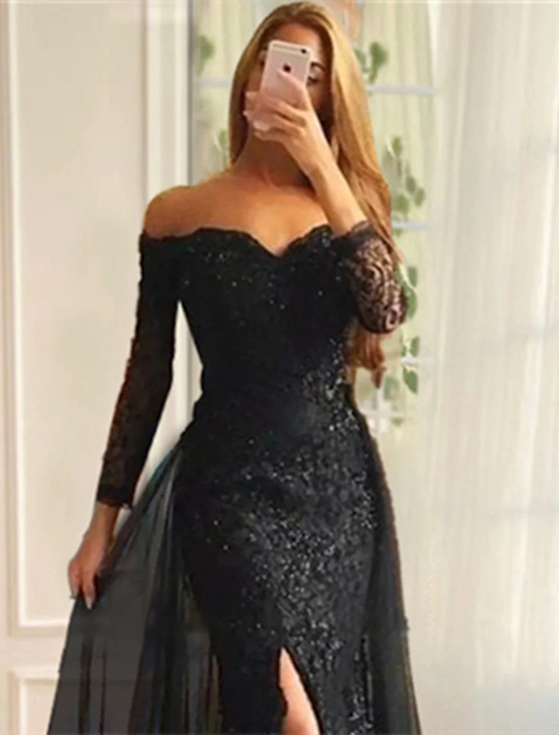 Abito da sera a sirena/tromba, abito floreale, formale, da sposa, con strascico a spazzola, manica lunga, spalle scoperte, ricevimento di nozze autunnale, in chiffon con applicazioni di spacchi