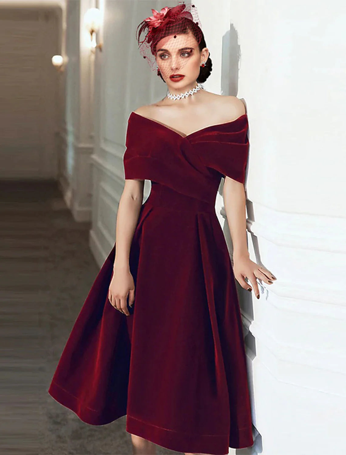 Burgundy Velvet Off-the-Shoulder A-Line Tea-Length Evening Dress